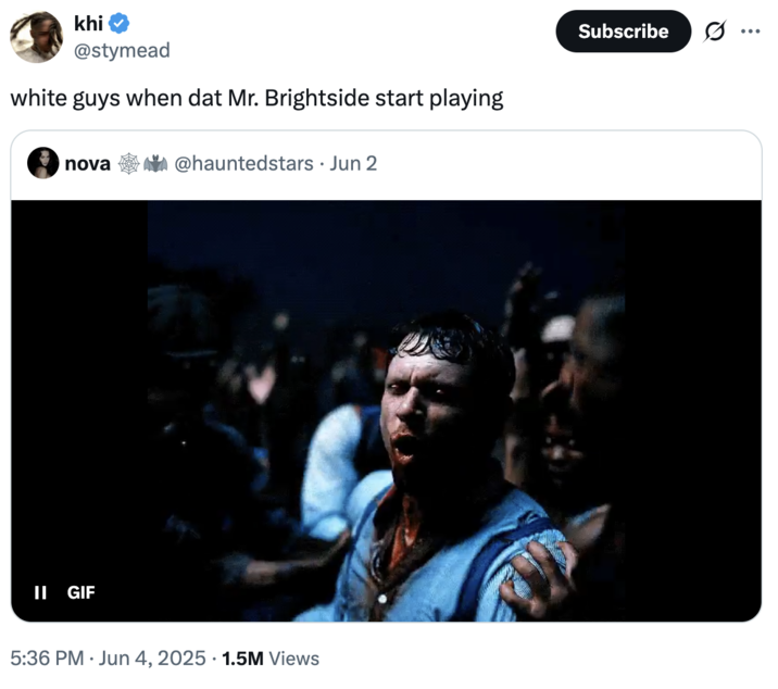 X user @stymead tweeted a GIF of Remmick from _Sinners_ alongside the caption, "white guys when dat Mr. Brightside start playing," gathering over 47,000 likes in a day.