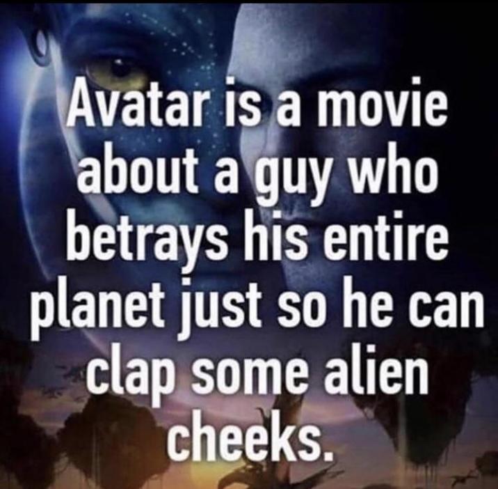 Avatar is a movie about a guy who betrays his entire planet just so he can clap some alien cheeks.