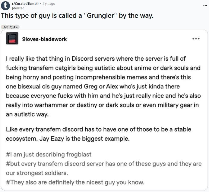 This type of guy is called a "Grungler" by the way. A text post from Tumblr. The post indirectly describes a Grungler.
