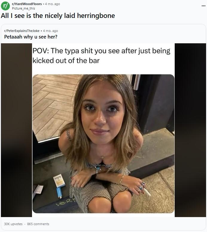 A floor guy commenting on a meme of Brooke Flecca. He admires the floor behind her.