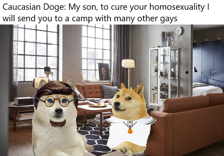 Caucasian Doge: My son, to cure your homosexuality I will send you to a camp with many other gays