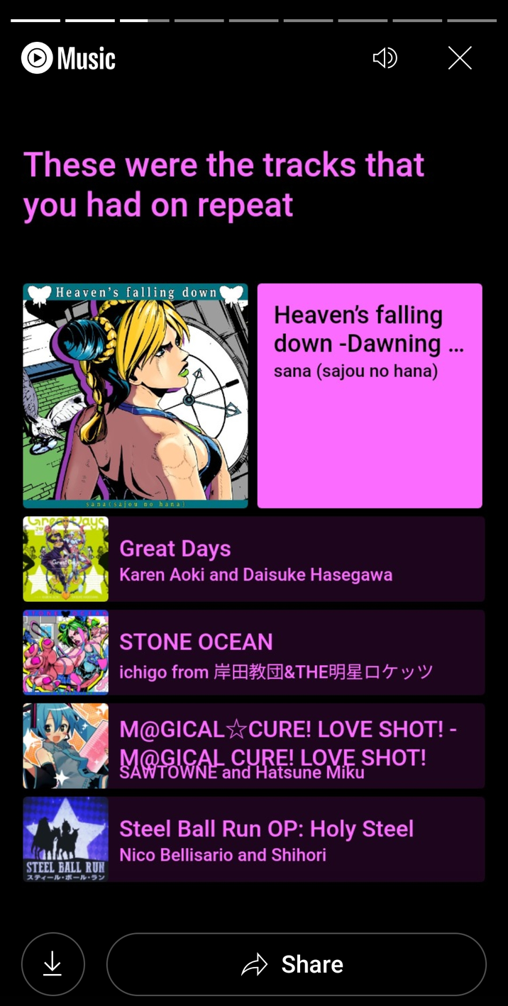 Music These were the tracks that you had on repeat Heaven's falling down Greets sana (sajou no hana) Х Heaven's falling down -Dawning ... sana (sajou no hana) Great Days Karen Aoki and Daisuke Hasegawa STEEL BALL RUN スティール・ボール・ラン STONE OCEAN ichigo from 岸田教団&THE明星ロケッツ M@GICAL☆CURE! LOVE SHOT! - M@GICAL CURE! LOVE SHOT! SAWTOWNE and Hatsune Miku Steel Ball Run OP: Holy Steel Nico Bellisario and Shihori ↓ Share
