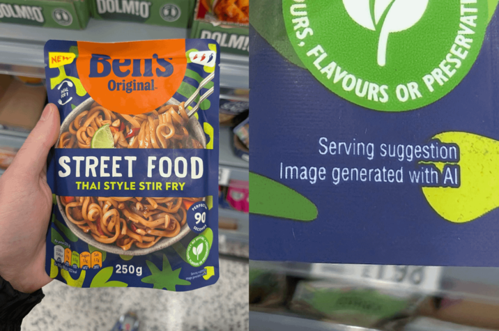 DOLMIO SOLMIO D NEW Ben's Original DOLM! URS, FLAVOURS PRESERVAT STREET FOOD THAI STYLE STIR FRY PERFEC 90 SECOND Serving suggestion Image generated with Al BARRA 250g Serving 2130