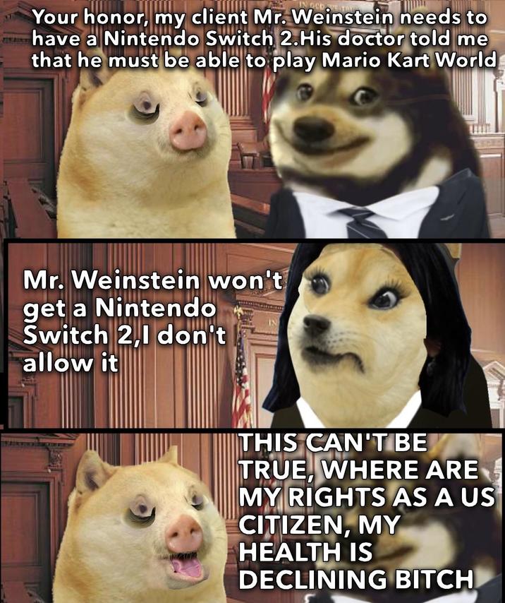 IN GEDE T Your honor, my client Mr. Weinstein needs to have a Nintendo Switch 2.His doctor told me that he must be able to play Mario Kart World Mr. Weinstein won't get a Nintendo Switch 2,1 don't allow it THIS CAN'T BE TRUE, WHERE ARE MY RIGHTS AS A US CITIZEN, MY HEALTH IS DECLINING BITCH