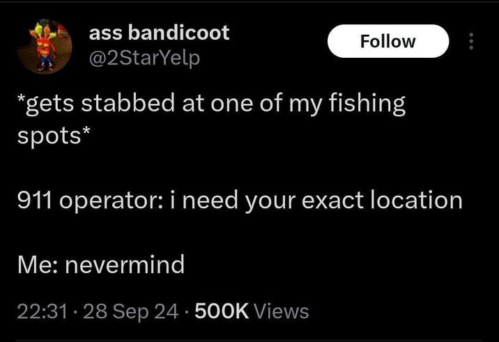 ass bandicoot @2StarYelp Follow *gets stabbed at one of my fishing spots* 911 operator: i need your exact location Me: nevermind 22:31 28 Sep 24 500K Views •