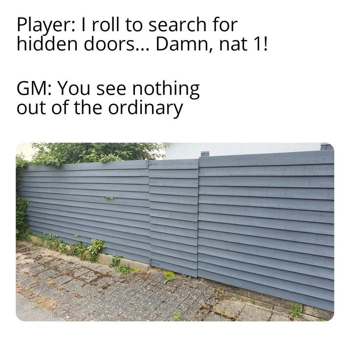 Player: I roll to search for hidden doors... Damn, nat 1! GM: You see nothing out of the ordinary