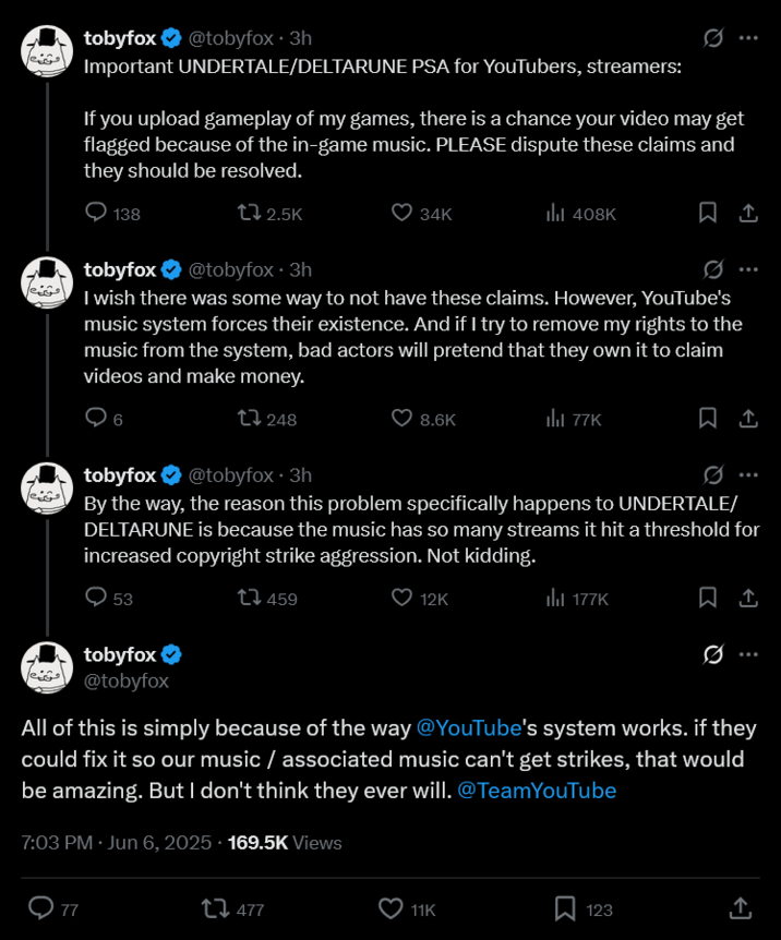 tobyfox ❤ @tobyfox. 3h Important UNDERTALE/DELTARUNE PSA for YouTubers, streamers: If you upload gameplay of my games, there is a chance your video may get flagged because of the in-game music. PLEASE dispute these claims and they should be resolved. 138 2.5K 34K ill 408K tobyfox ❤ @tobyfox + 3h I wish there was some way to not have these claims. However, YouTube's music system forces their existence. And if I try to remove my rights to the music from the system, bad actors will pretend that they own it to claim videos and make money. 6 248 tobyfox ❤ @tobyfox. 3h 8.6K 77K Ø By the way, the reason this problem specifically happens to UNDERTALE/ DELTARUNE is because the music has so many streams it hit a threshold for increased copyright strike aggression. Not kidding. 53 459 tobyfox ❤ @tobyfox 12K 177K ☐ 1 0 All of this is simply because of the way @YouTube's system works. if they could fix it so our music / associated music can't get strikes, that would be amazing. But I don't think they ever will. @TeamYouTube 7:03 PM ⚫ Jun 6, 2025 169.5K Views 77 7477 11K Σ 123 ↑