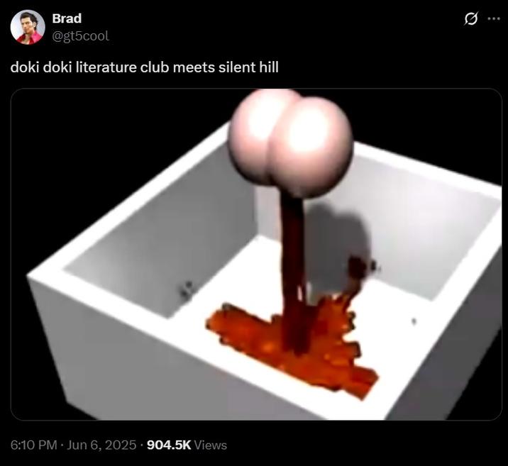 Meme mocking Geoff's "Doki Doki Literature Club meets sillent hill" Brad @gt5cool doki doki literature club meets silent hill 6:10 PM - Jun 6, 2025 904.5K Views