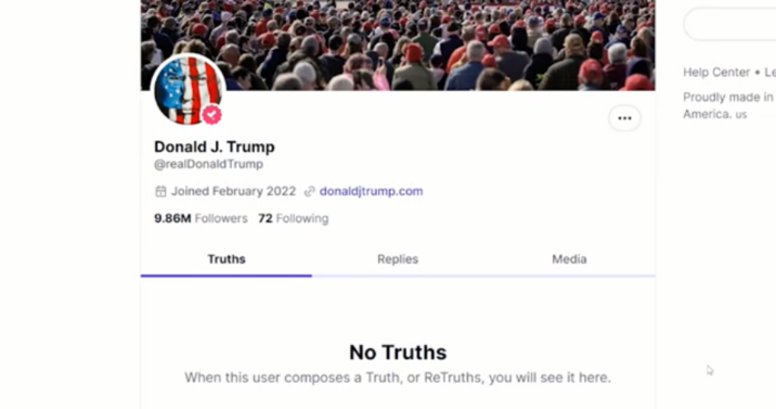 Donald J. Trump @realDonaldTrump Joined February 2022 donaldjtrump.com 9.86M Followers 72 Following Truths Replies Media No Truths When this user composes a Truth, or ReTruths, you will see it here. Help Center Le • Proudly made in America. us
