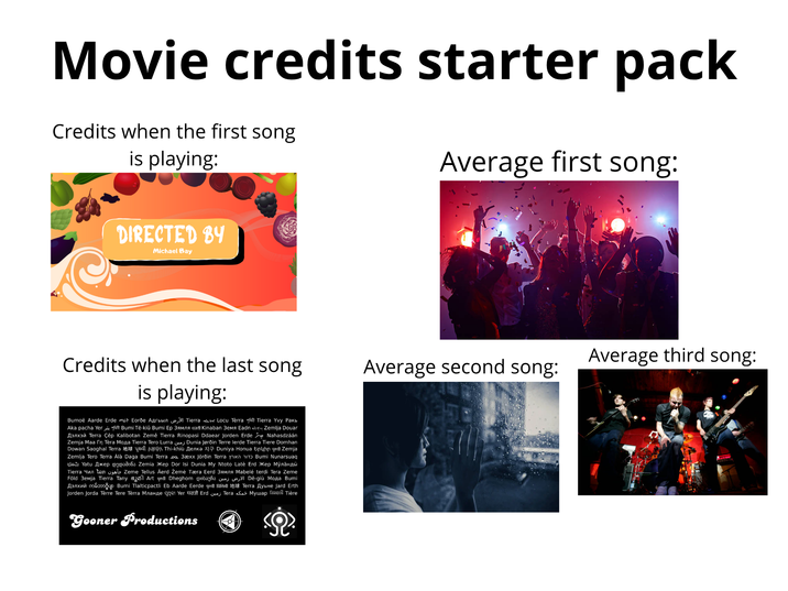 Movie credits starter pack Credits when the first song is playing: Average first song: DIRECTED BY Michael Bay Credits when the last song is playing: Tierra Yvy Paкb Zemlja Douar Nahasdzáán Bumoë Aarde Erde Еorðе Адгьыл Тiеrra Locu Terra Aka pacha Yer Bumi Të-kiû Bumi Ep 3ямля ε Kinaban земя Еadn Дǝлжǝй Terra Çěp Kalibotan Země Tierra Rinopasi Ddaear Jorden Erde Zemja Maa Пn Tèra Mодa Tierra Tero Lurra joj Dunia Jørðin Terre lerde Tierra Tiere Domhan Dowan Saoghal TerraчRU Thi-khiù Дeлкǝ | Duniya Honua tɲчhn ч Zemja Zemlja Tero Terra Àlà Daga Bumi Terra o 3æxx Jörðin Terra ynx i Bumi Nunarsuaq Yatu Джkep gogosãoбs Zemia жKep Dor Isi Dunia My Ntoto Latè Еrd жKẹp Mỹлäнää Tierra чл Zeme Tellus Äerd Žemė Тæra Еerd зямля Mabеlé terdi Tera Zeme Föld Beмja Tierra Tany 20 Art чedt Dheghom conbayh Bumi Tlalticpactli Eb Aarde Eerde qeft Jorden Jorda Terre Tеre Tеrra Mланде Dê-giù Moдa Bumi Terra Дуьне Jard Erth 1 Yеr чаз Еrd Tera Mywap Tas Tière Gooner Productions Average third song: Average second song: