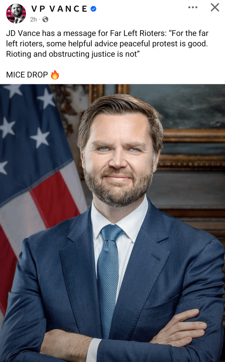 VP VANCE 2h . JD Vance has a message for Far Left Rioters: "For the far left rioters, some helpful advice peaceful protest is good. Rioting and obstructing justice is not" MICE DROP