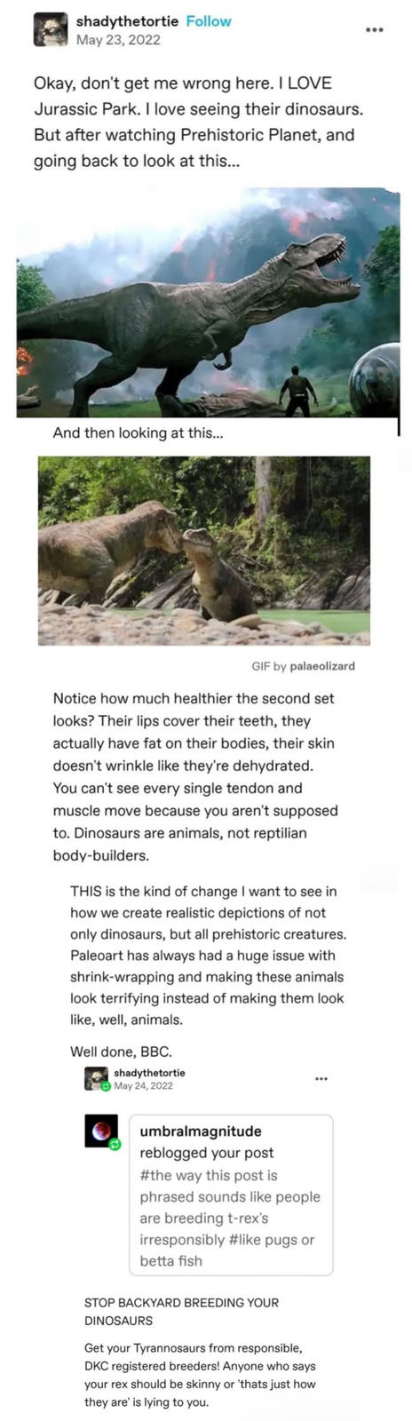 shadythetortie Follow May 23, 2022 Okay, don't get me wrong here. I LOVE Jurassic Park. I love seeing their dinosaurs. But after watching Prehistoric Planet, and going back to look at this... And then looking at this... GIF by palaeolizard Notice how much healthier the second set looks? Their lips cover their teeth, they actually have fat on their bodies, their skin doesn't wrinkle like they're dehydrated. You can't see every single tendon and muscle move because you aren't supposed to. Dinosaurs are animals, not reptilian body-builders. THIS is the kind of change I want to see in how we create realistic depictions of not only dinosaurs, but all prehistoric creatures. Paleoart has always had a huge issue with shrink-wrapping and making these animals look terrifying instead of making them look like, well, animals. Well done, BBC. shadythetortie May 24, 2022 umbralmagnitude reblogged your post #the way this post is phrased sounds like people are breeding t-rex's irresponsibly #like pugs or betta fish STOP BACKYARD BREEDING YOUR DINOSAURS Get your Tyrannosaurs from responsible, DKC registered breeders! Anyone who says your rex should be skinny or 'thats just how they are' is lying to you.