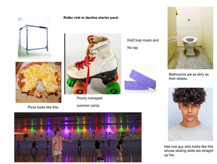 Roller rink in decline starter pack Poorly managed summer camp Pizza looks like this. KidZ bop music and No rap 3:09:01 Rathdey Rat 00 Bathrooms are as dirty as their skates. Has one guy who looks like this whose skating skills are straight up fire.