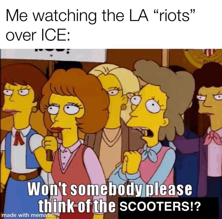Me watching the LA "riots" over ICE: Won't somebody please think of the sCOOTERS!? made with mematic