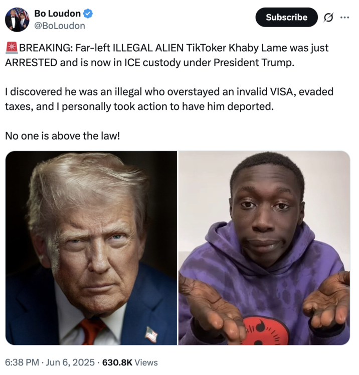 Bo Loudon original Khaby Lame ICE tweet A "tweet":https://knowyourmeme.com/memes/sites/twitter-x from X user Bo Loudon who stated that he reported "TikToker":https://knowyourmeme.com/memes/sites/tiktok "Khaby Lame":https://knowyourmeme.com/memes/people/khaby-lame to ICE, also calling Lame "far-left."