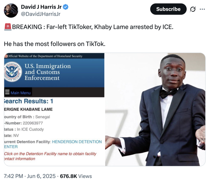 David Harris Jr. tweet A "tweet":https://knowyourmeme.com/memes/sites/twitter-x from "David Harris Jr.":https://knowyourmeme.com/memes/david-harris-jrs-plane-rage-bait about Bo Loudon who stated that he reported "TikToker":https://knowyourmeme.com/memes/sites/tiktok "Khaby Lame":https://knowyourmeme.com/memes/people/khaby-lame to ICE, also calling Lame "far-left."