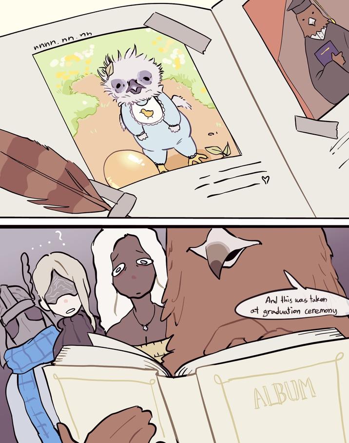 Guardian (AKA Birdman or Bird Guy) fanart from the video game _Elden Ring: Nightreign_, that portrays him showing his childhood photos to other playable characters in the game. 