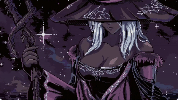 X user @neonparadoxgame posted GIF showing pixel fanart of Recluse from _Elden Ring: Nightreign_, gathering over 29,000 likes in a week.