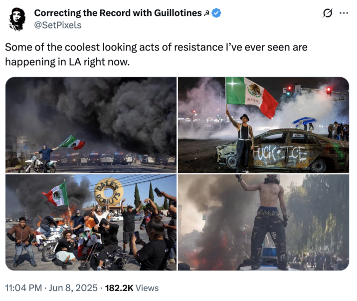 Correcting the Record with Guillotines @SetPixels Some of the coolest looking acts of resistance I've ever seen are happening in LA right now. 11:04 PM ⚫ Jun 8, 2025 182.2K Views MEXIC F--- ICE ... Alondra Blvd