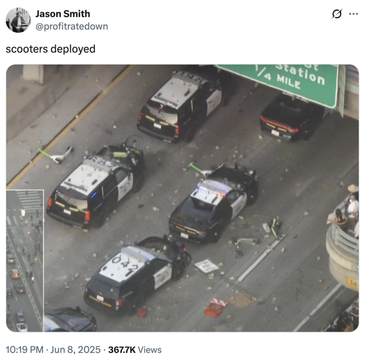 0 ... Jason Smith @profitratedown scooters deployed Station /4 MILE 042 10:19 PM Jun 8, 2025 367.7K Views 14