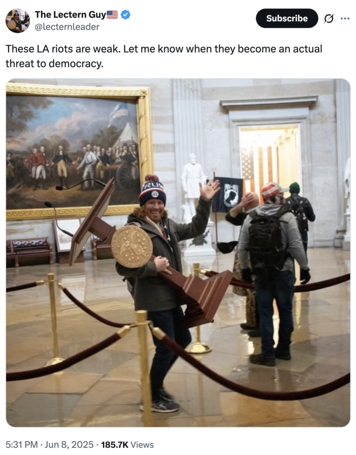 The Lectern Guy @lecternleader Subscribe ... These LA riots are weak. Let me know when they become an actual threat to democracy. SISUS 5:31 PM Jun 8, 2025 185.7K Views