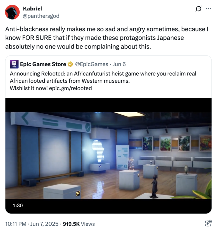June 7th, 2025 tweet by @panthersgod On June 7th, 2025, X user @panthersgod posted a tweet that read, "Anti-blackness really makes me so sad and angry sometimes, because I know FOR SURE that if they made these protagonists Japanese absolutely no one would be complaining about this," gathering over 40,000 likes in two days.