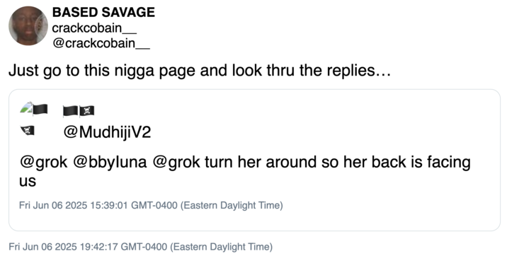 Just go to this n---- page and look thru the replies…  A "tweet":https://knowyourmeme.com/memes/sites/twitter-x about an X user named @mudhijiv2 abusing "Grok AI":https://knowyourmeme.com/memes/sites/grok-ai to manipulate photos of women on the app.