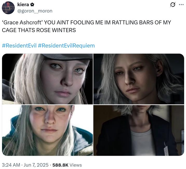 ‘Grace Ashcroft’ YOU AINT FOOLING ME IM RATTLING BARS OF MY CAGE THATS ROSE WINTERS kiera ✿ @goron_moron 'Grace Ashcroft' YOU AINT FOOLING ME IM RATTLING BARS OF MY CAGE THATS ROSE WINTERS #Resident Evil #Resident Evil Requiem 3:24 AM ⚫ Jun 7, 2025 · 588.8K Views ...