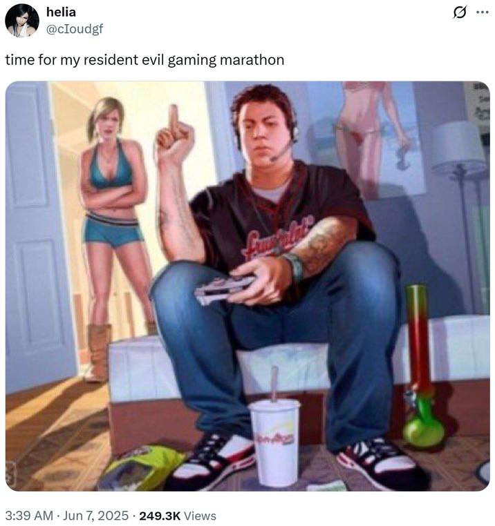 helia @cloudgf time for my resident evil gaming marathon 3:39 AM ⚫ Jun 7, 2025 · 249.3K Views . Q ...