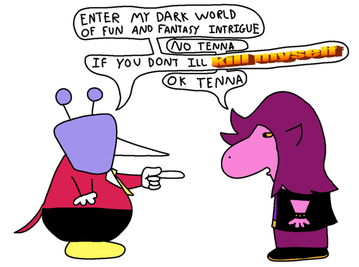 A meme about Deltarune. The meme shows Tenna offering an entry to his world of dark fantasy intrigue.