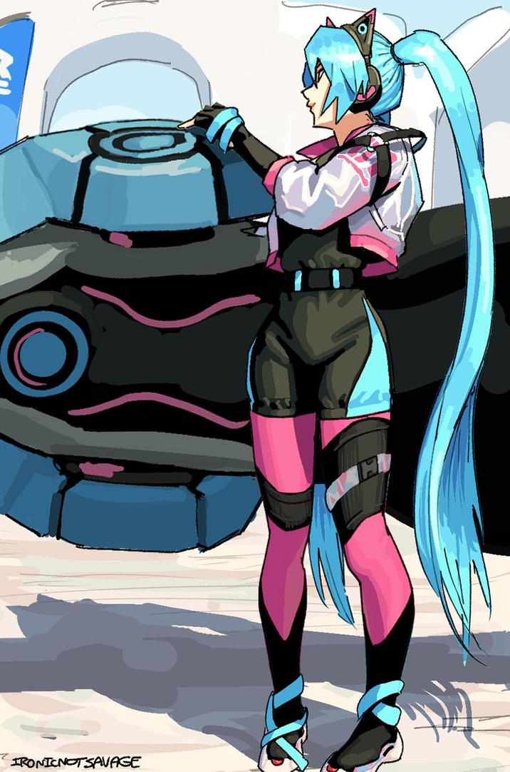 A piece of fan art by IronicnotSavage. The art shows Hatsune Miku in her racing outfit.