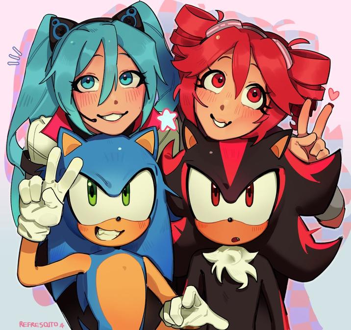 Fan art of Sonic, Shadow, Hatsune Miku and Teto. The art is by @refresqito.
