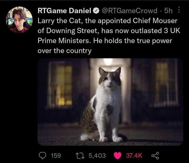 RTGame Daniel @RTGameCrowd 5h : Larry the Cat, the appointed Chief Mouser of Downing Street, has now outlasted 3 UK Prime Ministers. He holds the true power over the country 159 5,403 37.4K