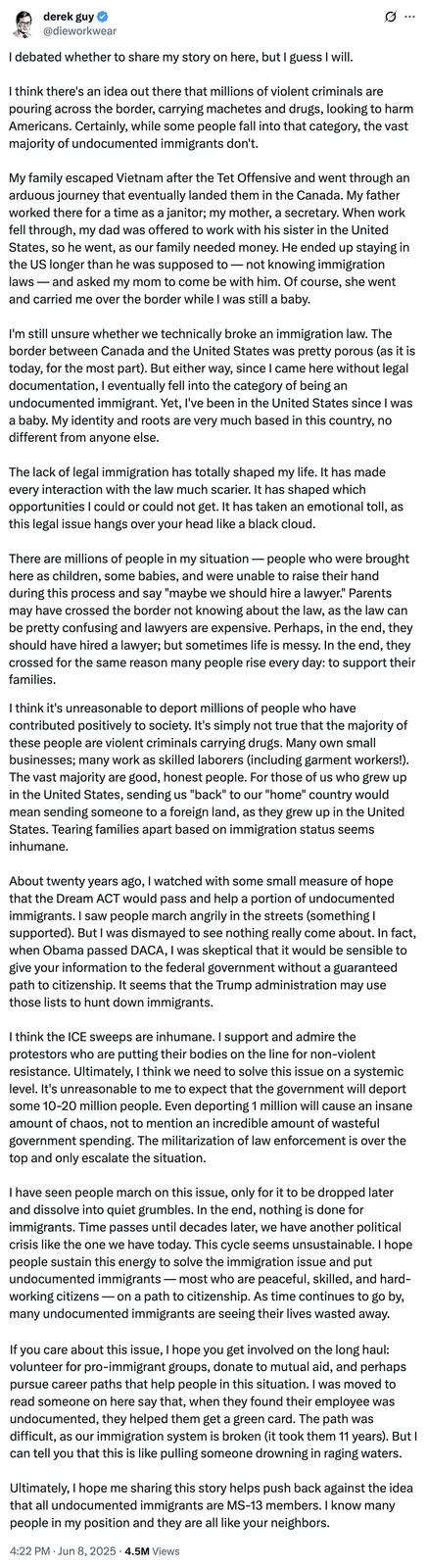 Menswear Guy tweet in which he seemingly admits to being an undocumented US immigrant The "tweet":https://knowyourmeme.com/memes/sites/twitter-x from the "Menswear Guy":https://knowyourmeme.com/memes/people/derek-guy-twitter-menswear-guy in which he seemingly admits to being an undocument immigrant in the "U.S.":https://knowyourmeme.com/memes/cultures/united-states-of-america