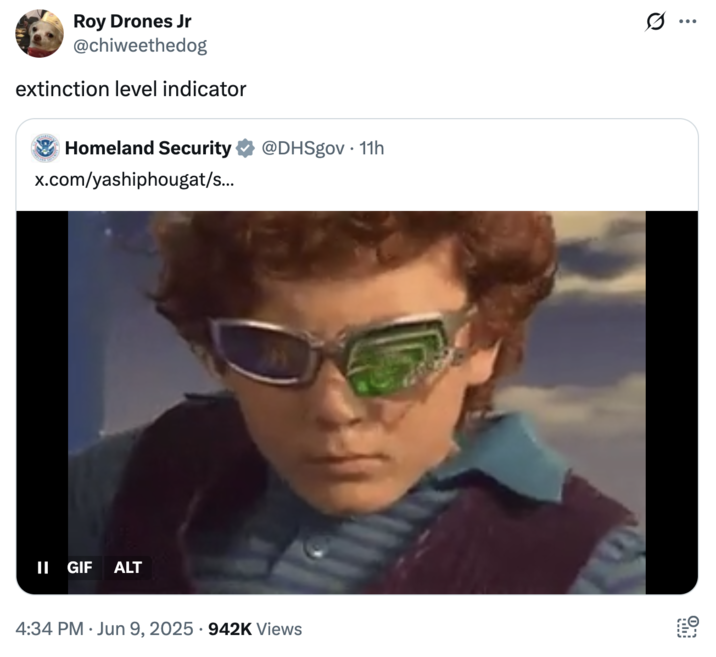 extinction level indicator A "quote-tweet":https://knowyourmeme.com/memes/quote-retweets-qrts critical of "U.S.":https://knowyourmeme.com/memes/cultures/united-states-of-america VP "J.D. Vance":https://knowyourmeme.com/memes/people/jd-vance tweeting about deporting the Twitter "Menswear Guy":https://knowyourmeme.com/memes/people/derek-guy-twitter-menswear-guy in June 2025.