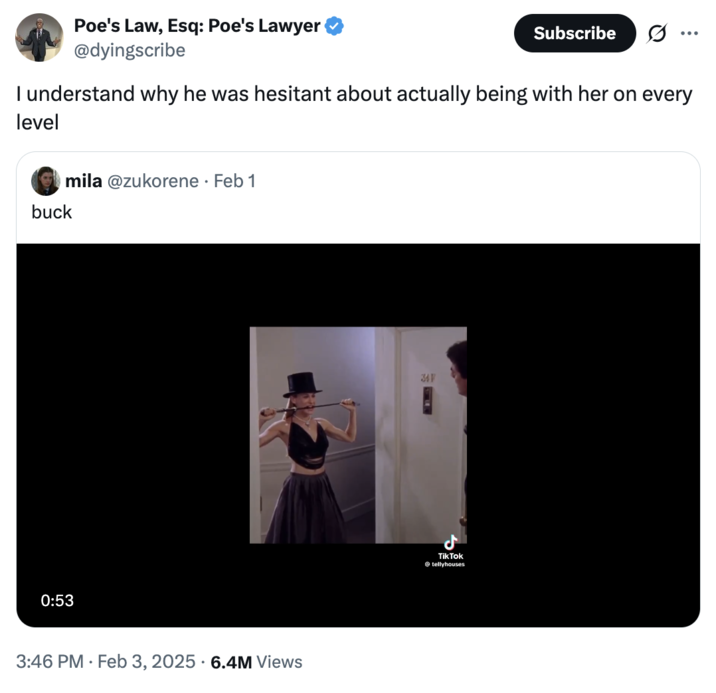 X user @dyingscribe quoted a tweet showing Carrie Bradshaw at Big's door, writing, "I understand why he was hesitant about actually being with her on every level," and gathering over 90,000 likes in four weeks." 