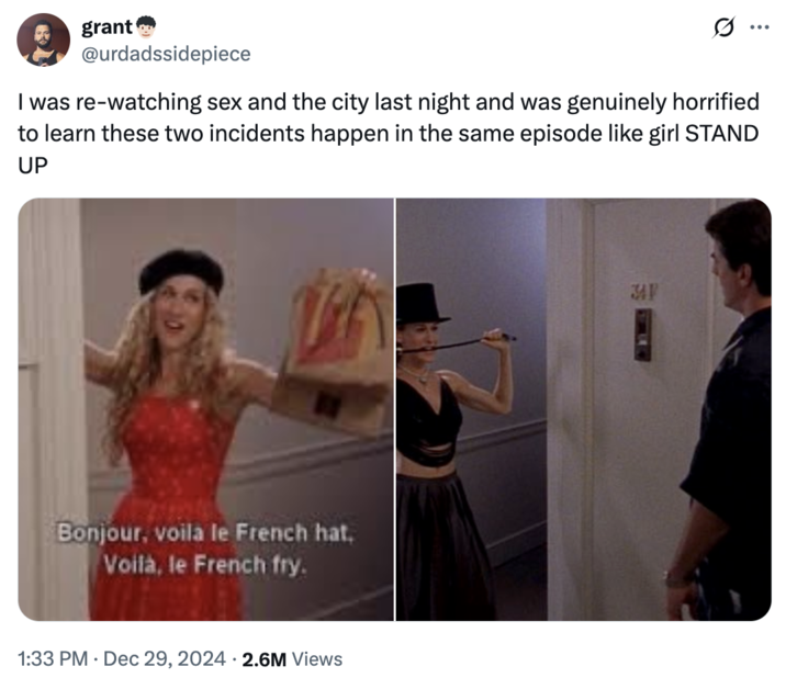 X user @urdadssidepiece tweeted the image of Carrie Bradshaw standing in Big's doorway, alongside a caption that read, "I was re-watching sex and the city last night and was genuinely horrified to learn these two incidents happen in the same episode like girl STAND UP."