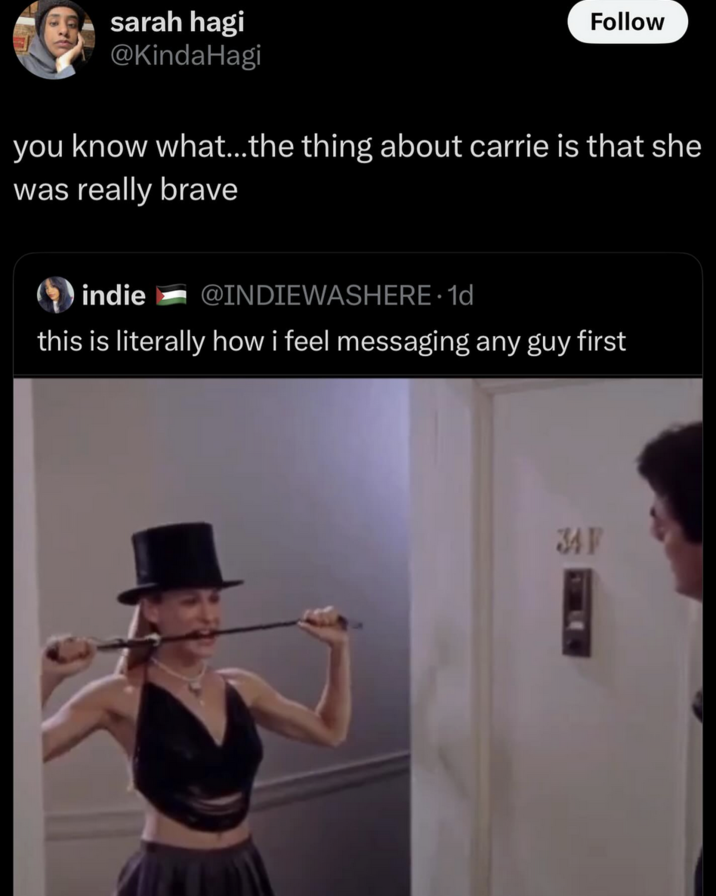 X user @INDIEWASHERE tweeted an image of Carrie Bradshaw holding a whip in her mouth, writing, "the thing about carrie is that she was really brave."
