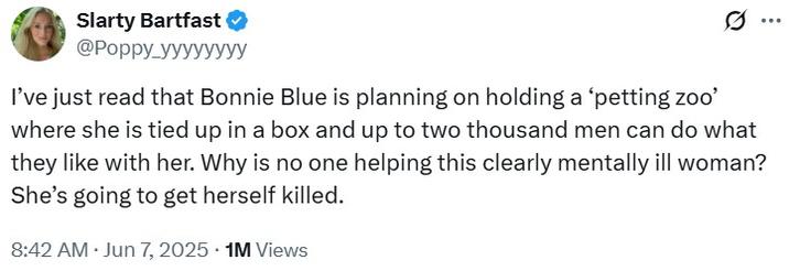 A tweet by @Poppy_yyyyyyyy. The tweet expresses concerns for Bonnie Blue and her canceled petting zoo event.