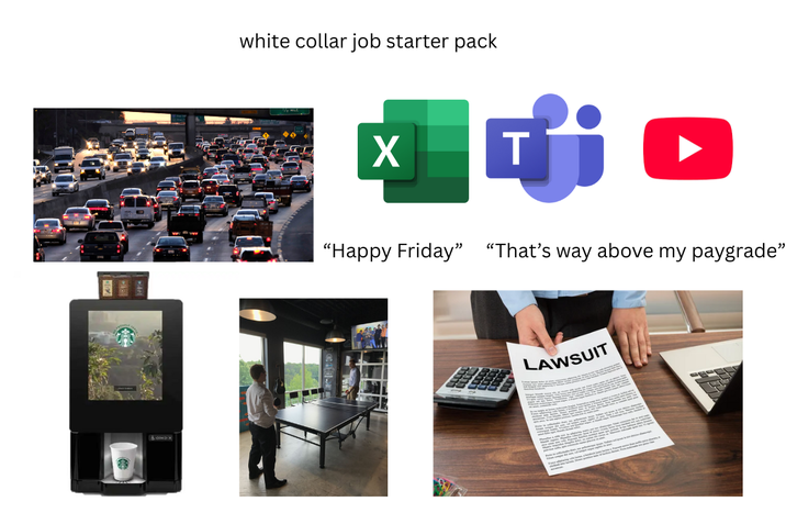 white collar job starter pack X "Happy Friday" "That's way above my paygrade" LAWSUIT