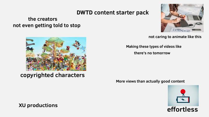 the creators DWTD content starter pack not even getting told to stop copyrighted characters XU productions not caring to animate like this Making these types of videos like there's no tomorrow More views than actually good content effortless