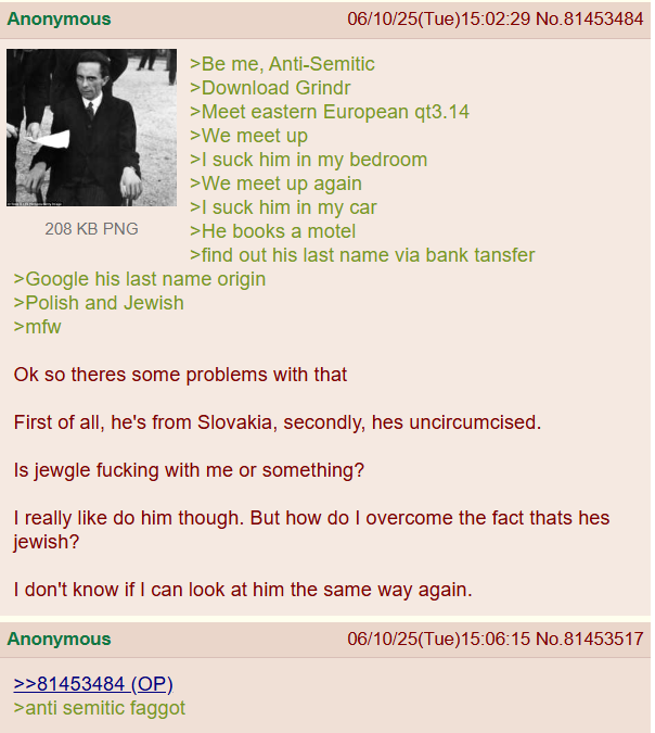 Anonymous 208 KB PNG 06/10/25(Tue)15:02:29 No.81453484 >Be me, Anti-Semitic >Download Grindr >Meet eastern European qt3.14 >We meet up >I suck him in my bedroom >We meet up again >I suck him in my car >He books a motel >find out his last name via bank tansfer >Google his last name origin >Polish and Jewish >mfw Ok so theres some problems with that First of all, he's from Slovakia, secondly, hes uncircumcised. Is jewgle f------ with me or something? I really like do him though. But how do I overcome the fact thats hes jewish? I don't know if I can look at him the same way again. Anonymous >>81453484 (OP) >anti semitic f----- 06/10/25(Tue)15:06:15 No.81453517