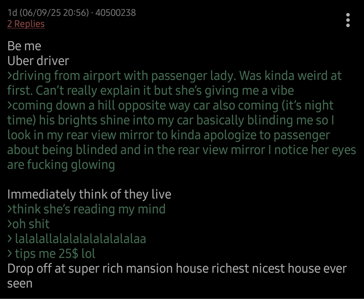 1d (06/09/25 20:56) 40500238 2 Replies Be me Uber driver >driving from airport with passenger lady. Was kinda weird at first. Can't really explain it but she's giving me a vibe >coming down a hill opposite way car also coming (it's night time) his brights shine into my car basically blinding me so I look in my rear view mirror to kinda apologize to passenger about being blinded and in the rear view mirror I notice her eyes are f------ glowing Immediately think of they live >think she's reading my mind >oh s--- > lalalallalalalalalalalalaa > tips me 25$ lol Drop off at super rich mansion house richest nicest house ever seen
