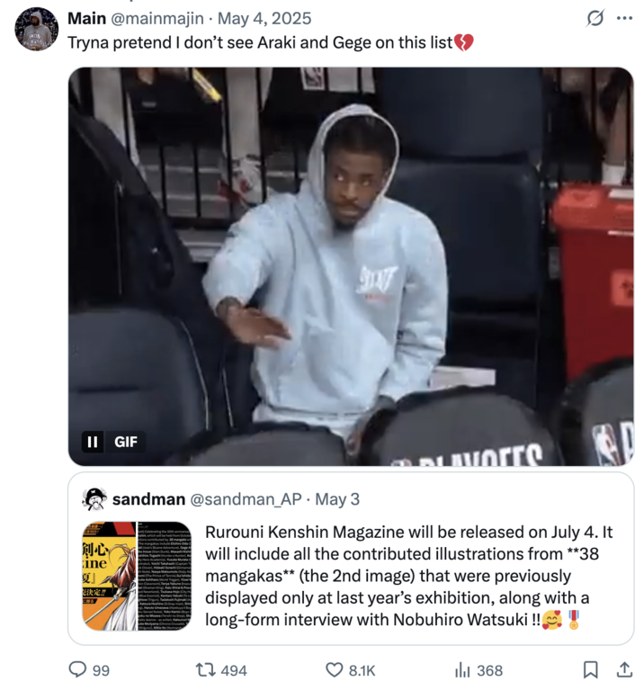 X user @mainmajin tweeted a GIF of Ja Morant trying to block the camera at an NBA game, writing, "Tryna pretend I don’t see Araki and Gege on this list💔," and gathering over 8,000 likes in a month.