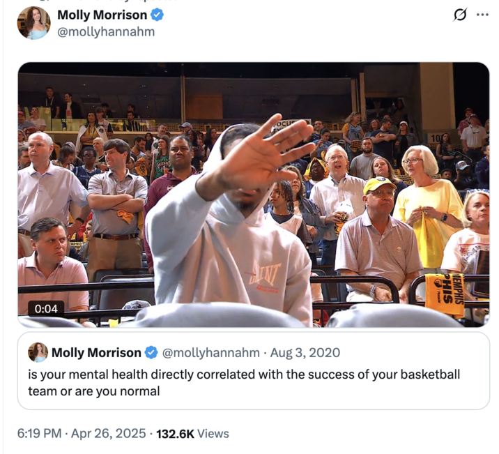 X user @mollyhannahm quoted her tweet, "is your mental health directly correlated with the success of your basketball team or are you normal," with a GIF of Ja Morant trying to block the camera.