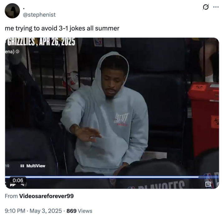 X user @stephenist posted a video of Ja Morant trying to block the TNT broadcast cameras at an NBA game, writing, "me trying to avoid 3-1 jokes all summer," and gathering over 10,000 likes in a month.