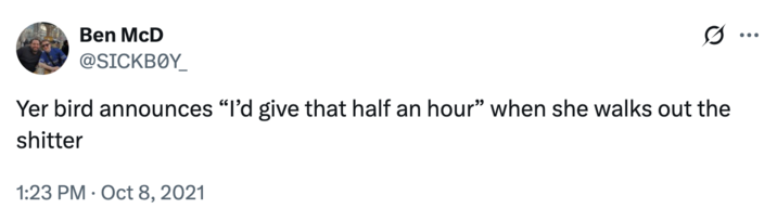 A Yer Bird joke from a "British":https://knowyourmeme.com/memes/british-people-briish "Twitter / X":https://knowyourmeme.com/memes/sites/twitter-x user, using the U.K. "slang":https://knowyourmeme.com/memes/internet-slang term.