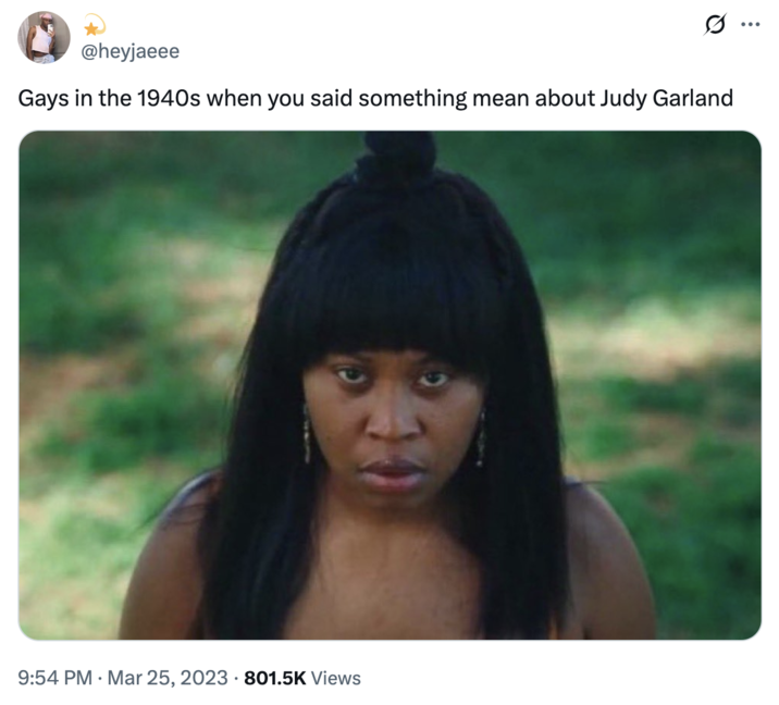 March 25th, 2023 tweet by @heyjaeee X user @heyjaeee tweeted the image from _Swarm_ alongside a post that read, "Gays in the 1940s when you said something mean about Judy Garland," gathering over 27,000 likes in two years.