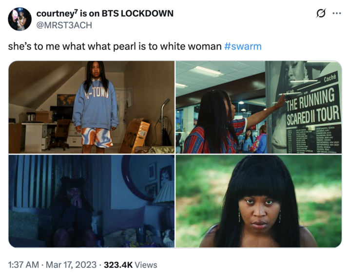 March 17th, 2023 tweet by @MRST3ACH X user @MRST3ACH compares Dre, an obsessed fangirl from _Swarm_ to "Pearl," played by "Mia Goth":https://knowyourmeme.com/memes/people/mia-goth in the films _X_ and _Pearl_.