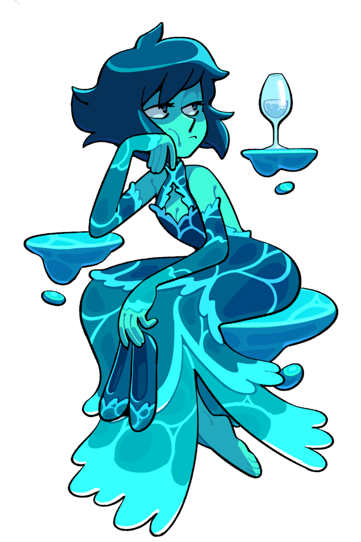 *Image Description*
Lapis Lazuli in a fancy dress resembling layers of waves, looking bored as she rest on cushions of water, a glass of effervescent liquid held by another floating surface.